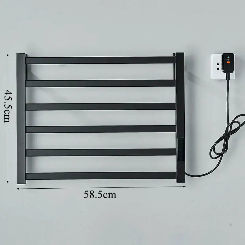 Modern black electric towel warmer with digital display for bathroom