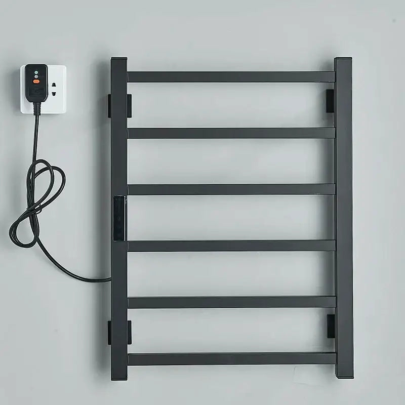 Modern black electric towel warmer with digital display for bathroom