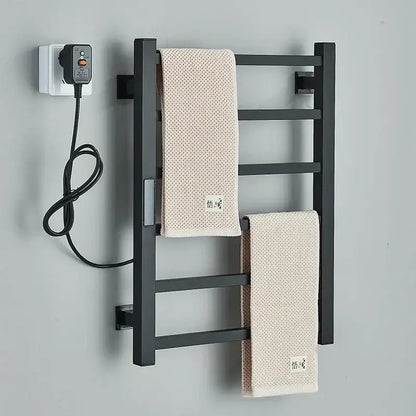 Modern black electric towel warmer with digital display for bathroom
