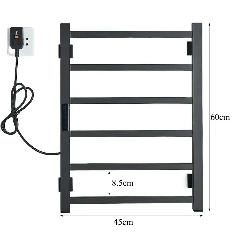 Modern black electric towel warmer with digital display for bathroom