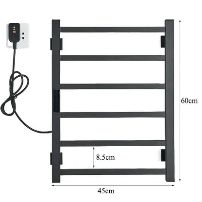 Modern black electric towel warmer with digital display for bathroom