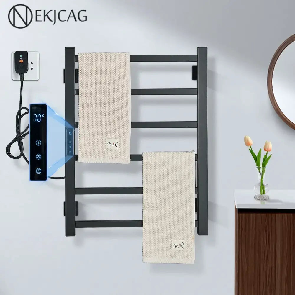 Modern black electric towel warmer with digital display for bathroom