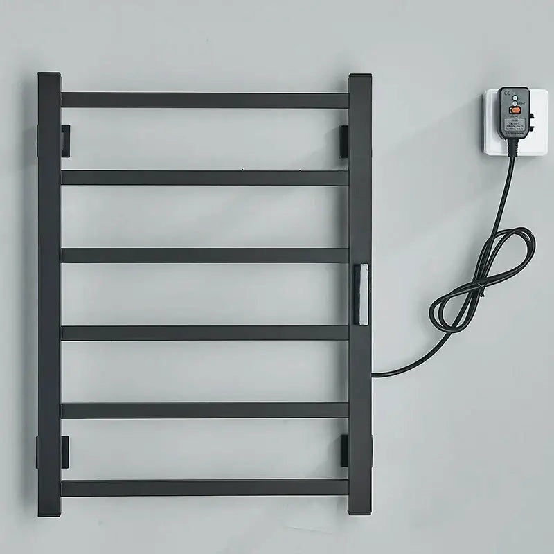 Modern black electric towel warmer with digital display for bathroom