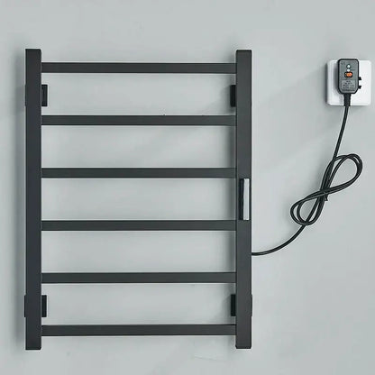 Modern black electric towel warmer with digital display for bathroom