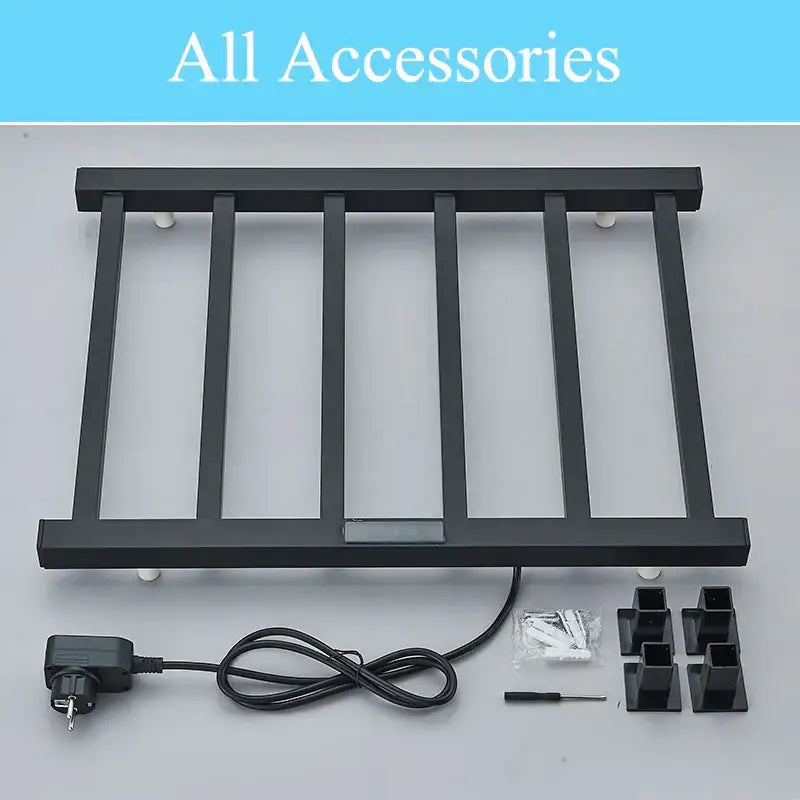 Modern black electric towel warmer with digital display for bathroom