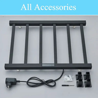Modern black electric towel warmer with digital display for bathroom