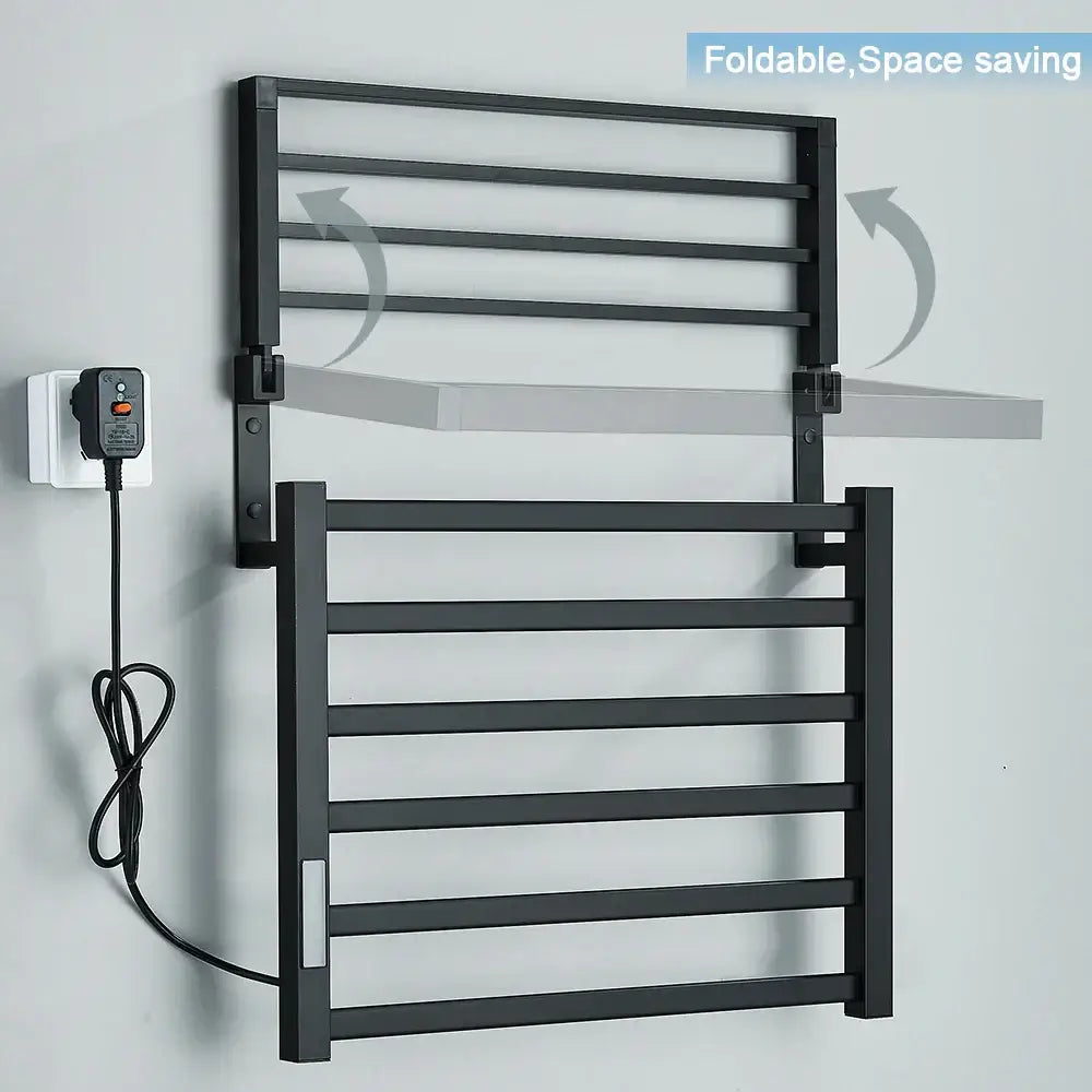 Modern black electric towel warmer with shelf for bathroom control