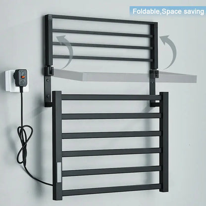 Modern black electric towel warmer with shelf for bathroom control