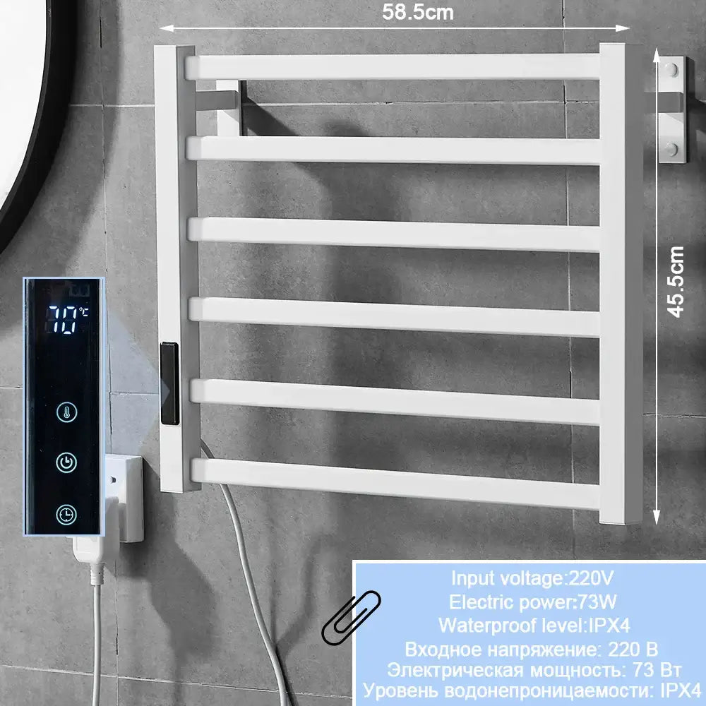 Modern black electric towel warmer with shelf for bathroom control