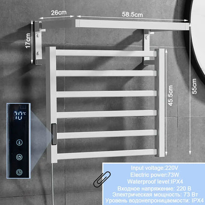 Modern black electric towel warmer with shelf for bathroom control