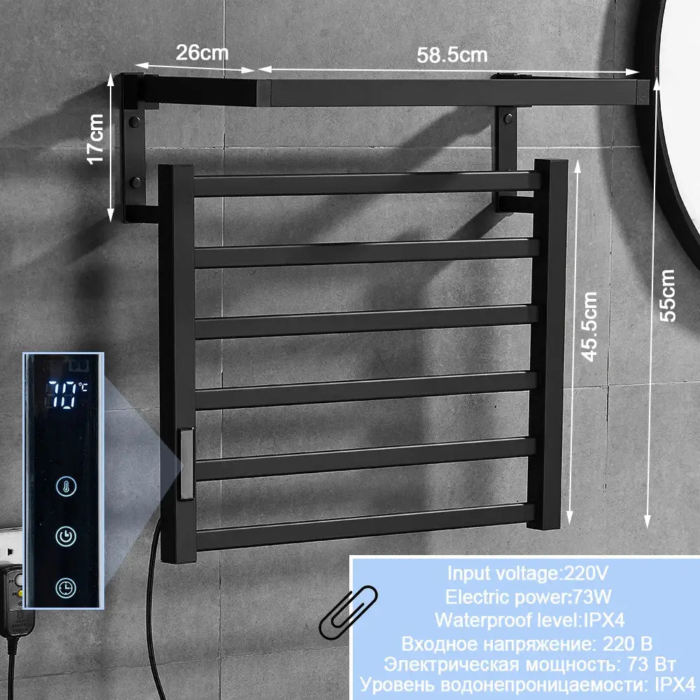 Modern black electric towel warmer with shelf for bathroom control