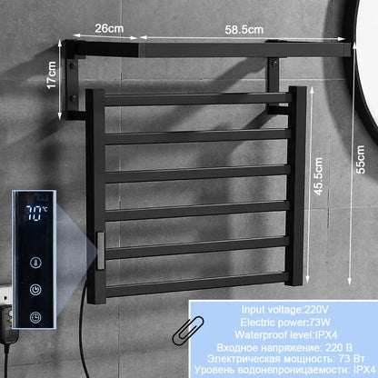 Modern black electric towel warmer with shelf for bathroom control