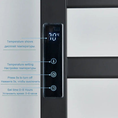 Modern black electric towel warmer with shelf for bathroom control