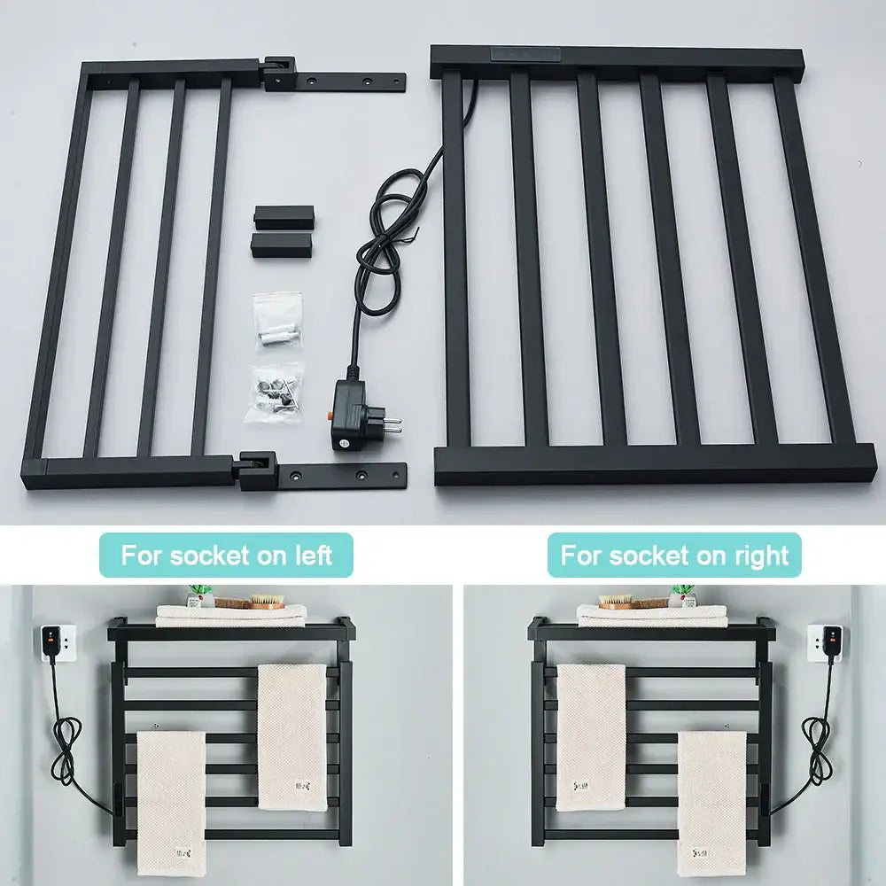 Modern black electric towel warmer with shelf for bathroom control