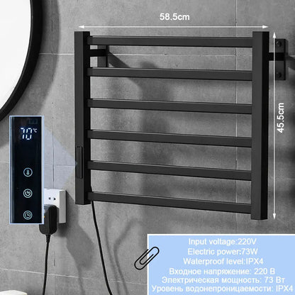 Modern black electric towel warmer with shelf for bathroom control