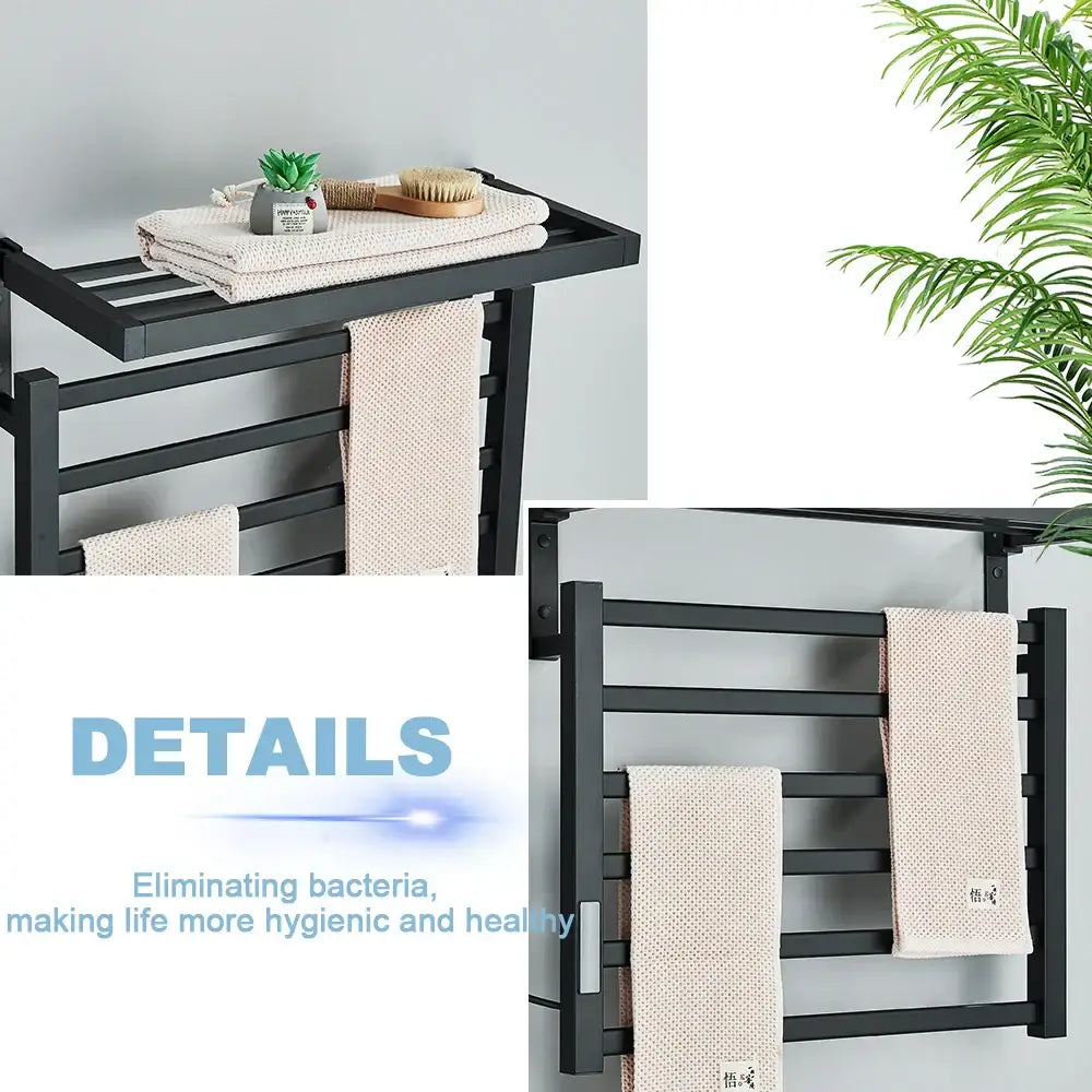 Modern black electric towel warmer with shelf for bathroom control