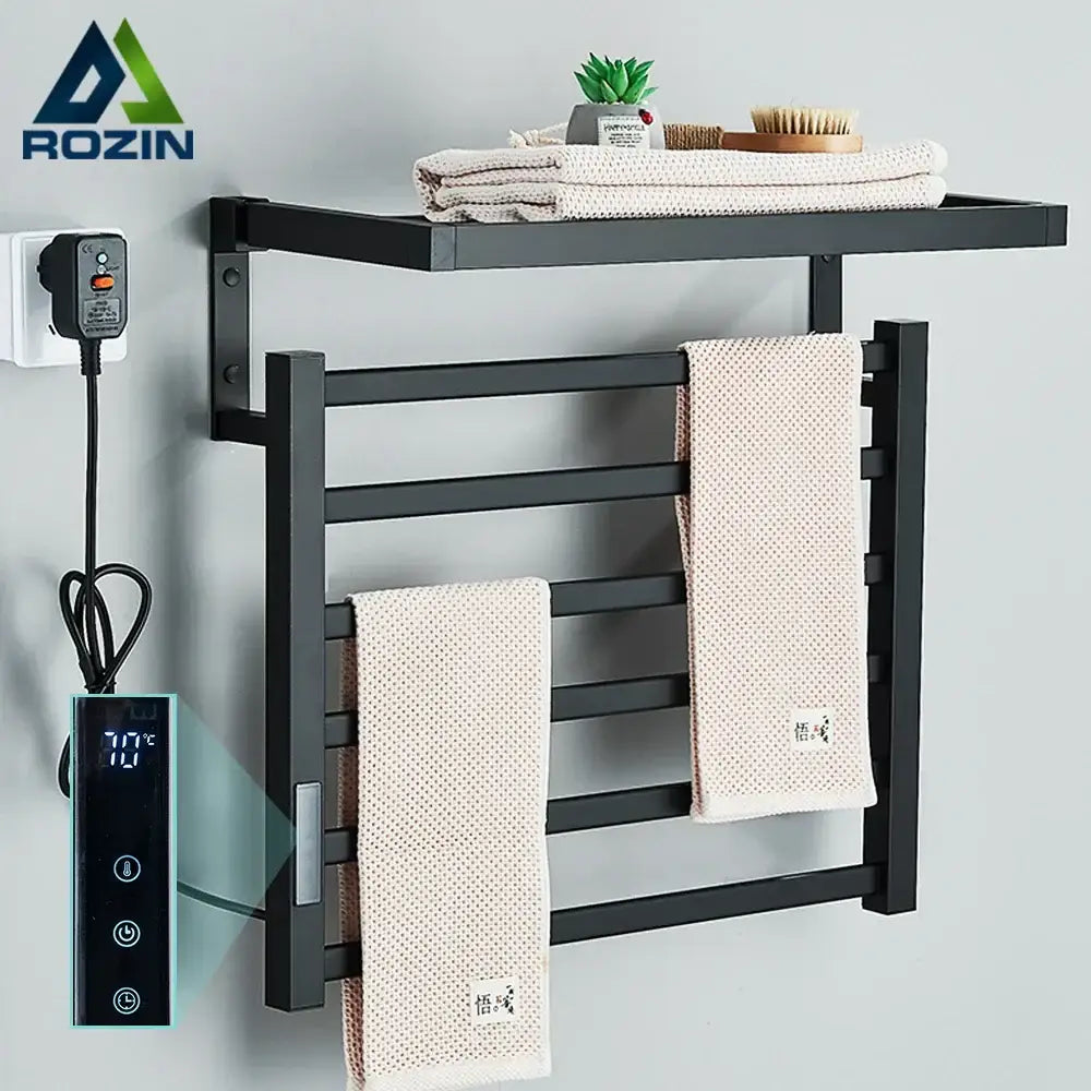 Modern black electric towel warmer with shelf for bathroom control