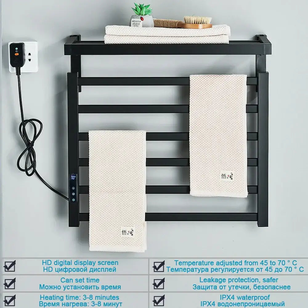 Modern black electric towel warmer with shelf for bathroom control
