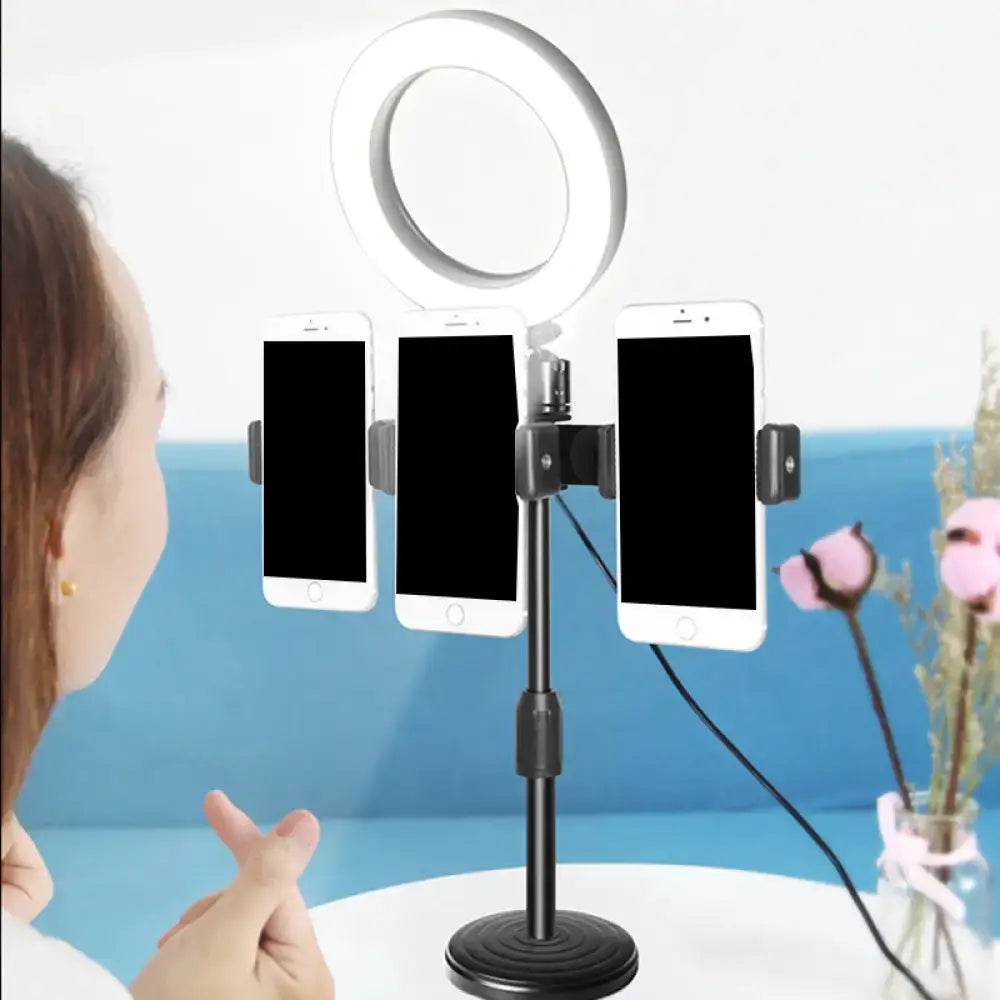 Modern black finish ring light with metal shade bedroom phone stand