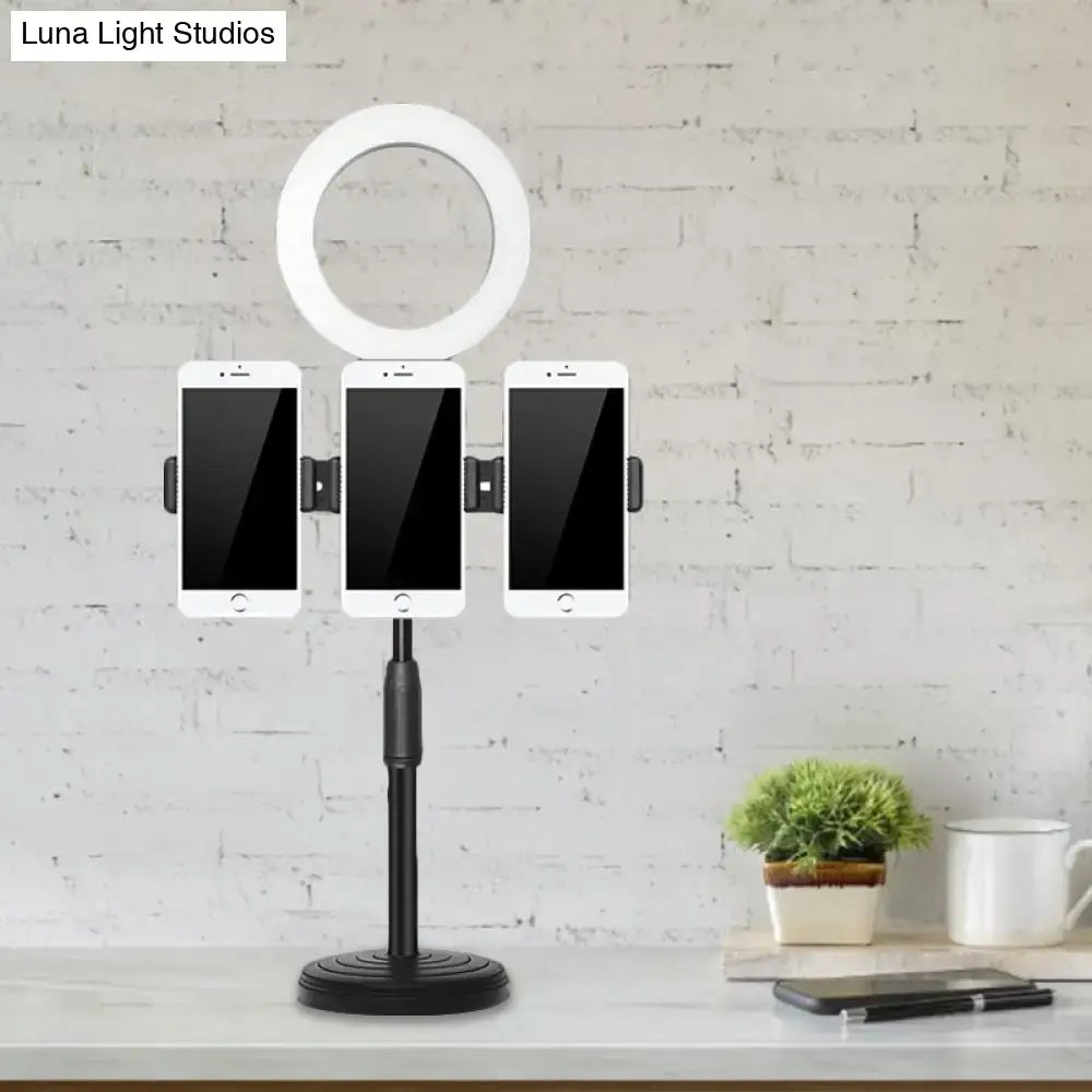 Modern black finish ring light with metal shade bedroom phone stand