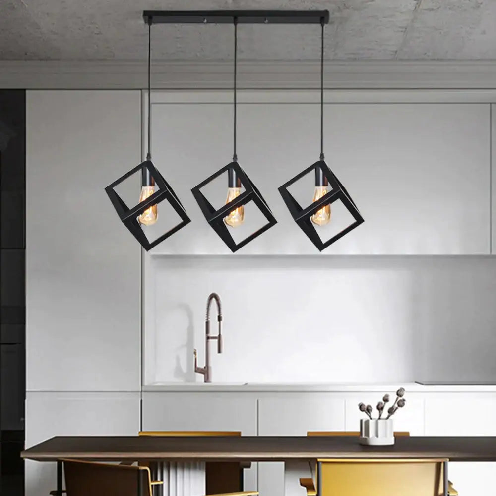 Modern black geometric pendant light – kitchen island 3-light cube