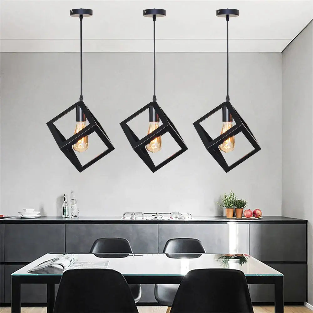Modern black geometric pendant light – kitchen island 3-light cube