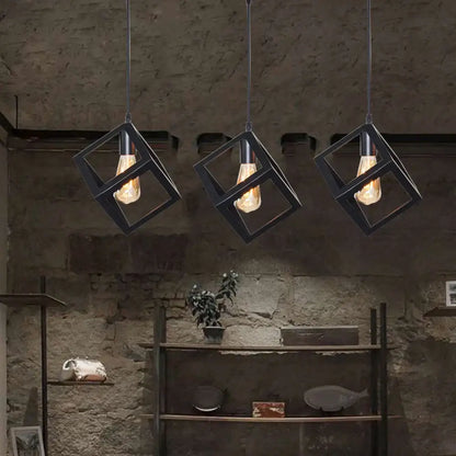 Modern black geometric pendant light – kitchen island 3-light cube