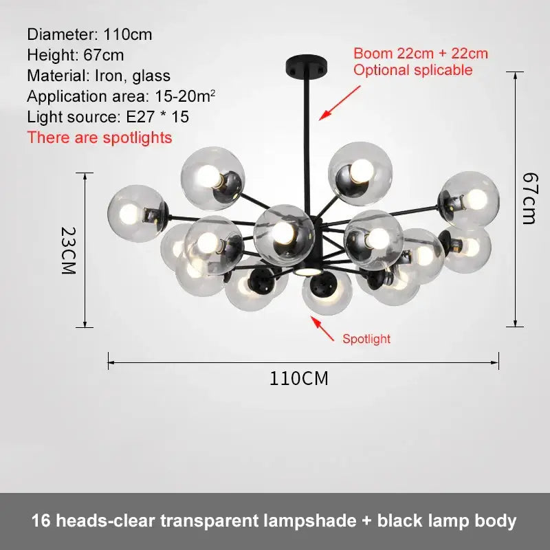 Modern black glass ball led chandelier for dining room