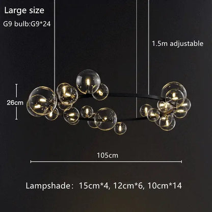 Modern black glass bubble chandelier dining room light with ring
