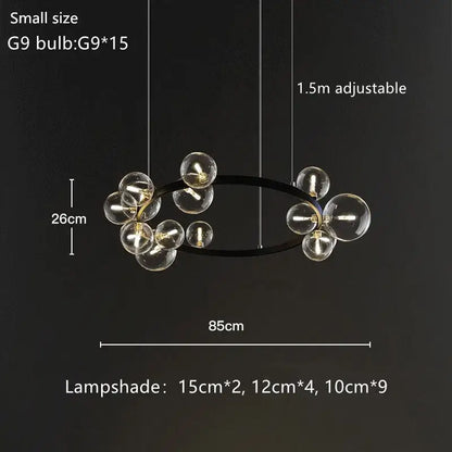 Modern black glass bubble chandelier dining room light with ring