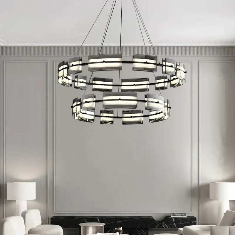 Modern black glass restaurant chandelier for dining room warm light