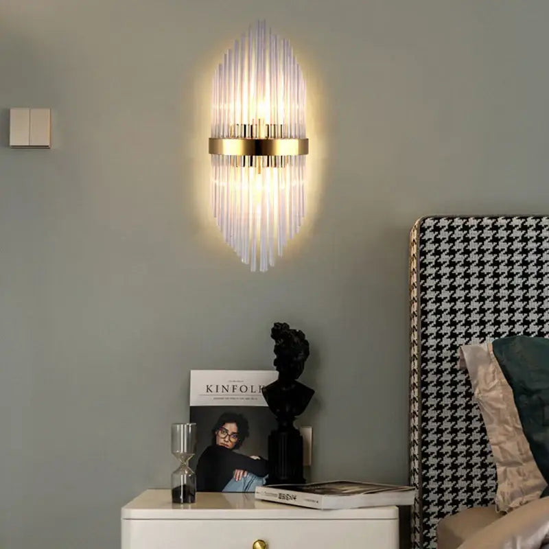 Modern black glass rod crystal wall lamp for bedroom