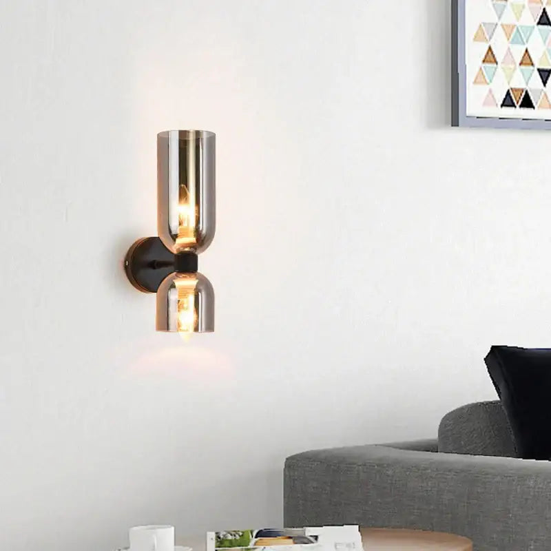 Modern black glass shade wall lamp for bedroom with smoked glass