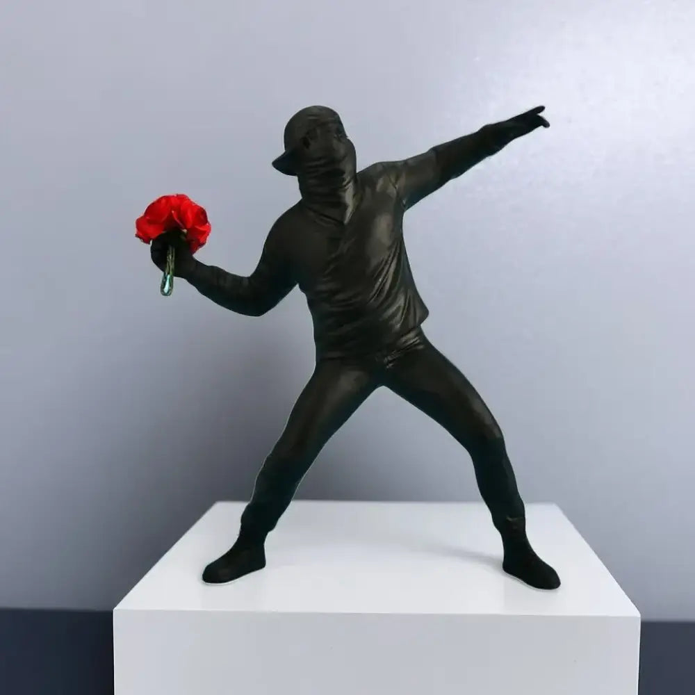 Modern black glossy bansky flower thrower sculpture office decor