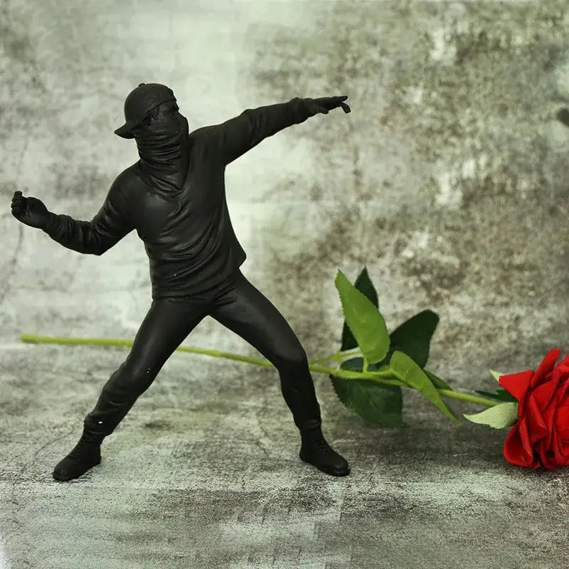 Modern black glossy bansky flower thrower sculpture office decor