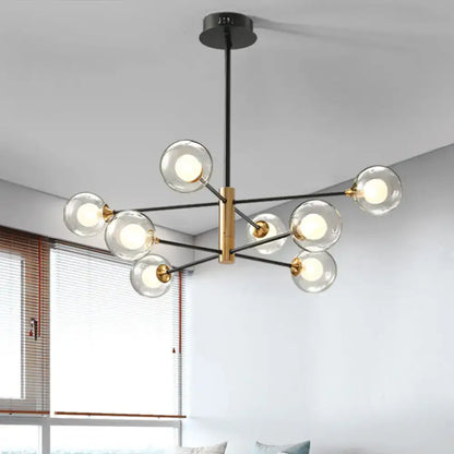 Modern black & gold 8-light clear glass chandelier living room fixture