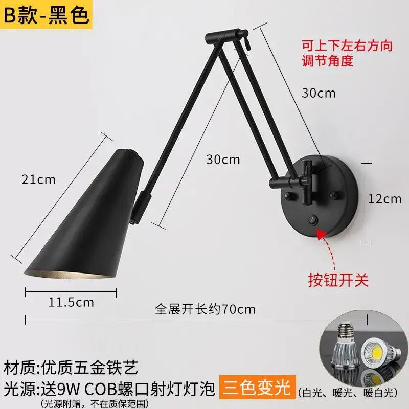 Modern black & gold adjustable swing arm wall lamp bedroom sconce