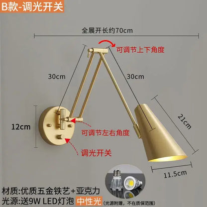 Modern black & gold adjustable swing arm wall lamp bedroom sconce