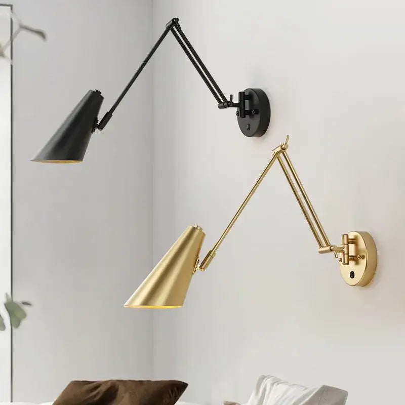 Modern black & gold adjustable swing arm wall lamp bedroom sconce