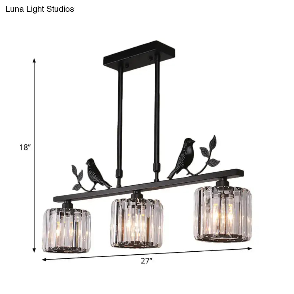 Modern black & gold bird pendant light with clear crystal drum shade