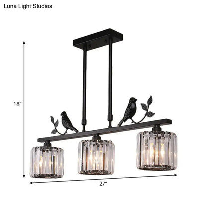 Modern black & gold bird pendant light with clear crystal drum shade