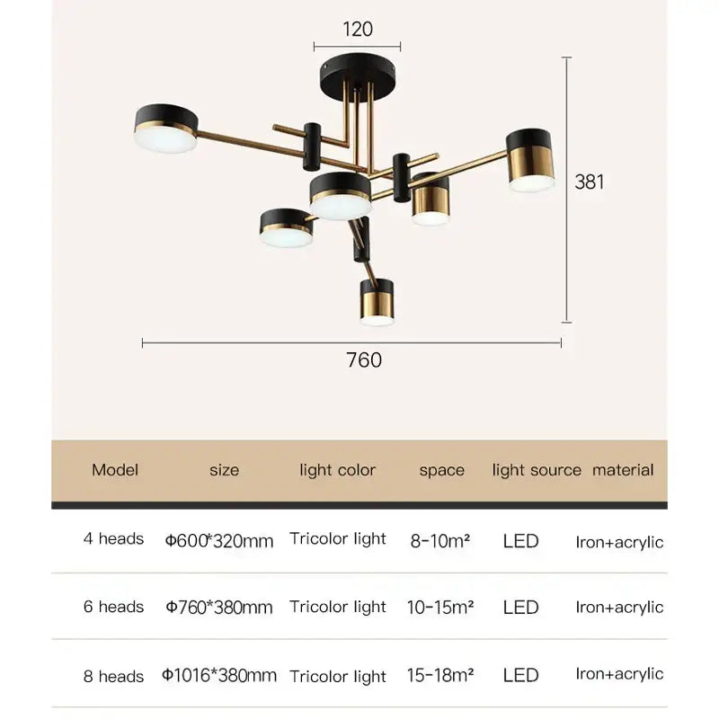 Modern black & gold branch led chandelier living room light