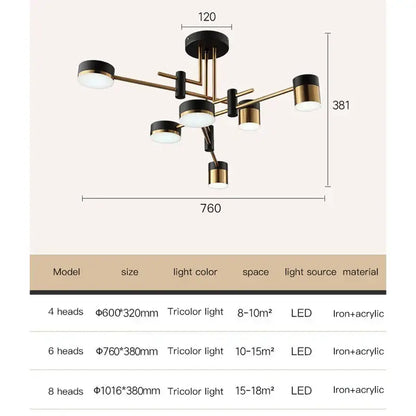 Modern black & gold branch led chandelier living room light