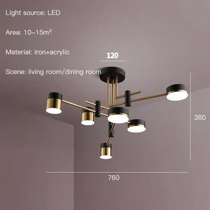 Modern black & gold branch led chandelier living room light