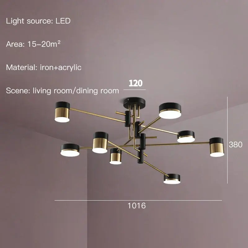 Modern black & gold branch led chandelier living room light
