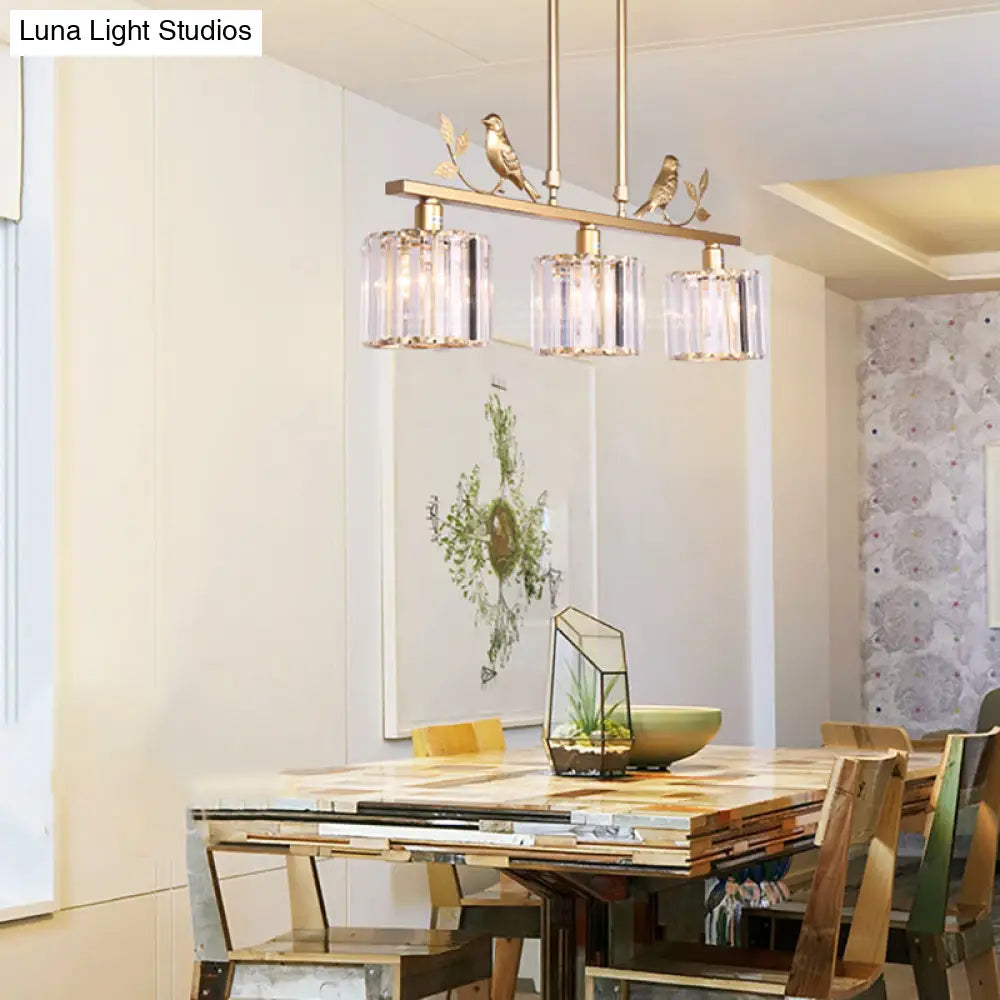 DecorBites™ Modern Black/Gold Chandelier Lamp with Clear Crystal Drum Shade, Bird Accent - 3 Heads Hanging Light Fixture