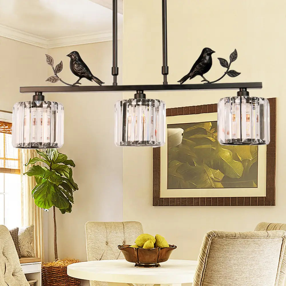 DecorBites™ Modern Black/Gold Chandelier Lamp with Clear Crystal Drum Shade, Bird Accent - 3 Heads Hanging Light Fixture