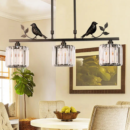 DecorBites™ Modern Black/Gold Chandelier Lamp with Clear Crystal Drum Shade, Bird Accent - 3 Heads Hanging Light Fixture