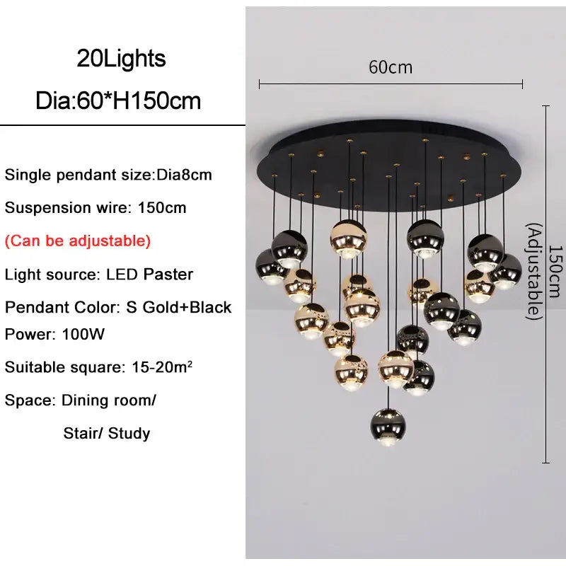 Modern black & gold crystal ball pendant light for living room
