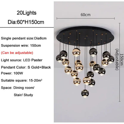 Modern black & gold crystal ball pendant light for living room